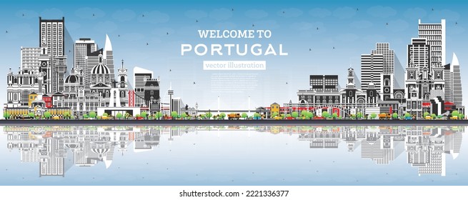 Welcome to Portugal. City Skyline with Gray Buildings, Blue Sky and Reflections. Vector Illustration. Modern and Historic Architecture. Portugal Cityscape with Landmarks. Porto and Lisbon.