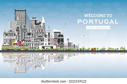 Welcome to Portugal. City Skyline with Gray Buildings, Blue Sky and Reflections. Vector Illustration. Modern and Historic Architecture. Portugal Cityscape with Landmarks. Porto and Lisbon.