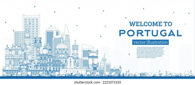 Welcome to Portugal. Outline City Skyline with Blue Buildings. Vector Illustration. Concept with Modern and Historic Architecture. Portugal Cityscape with Landmarks. Porto and Lisbon.