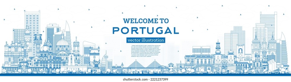 Welcome to Portugal. Outline City Skyline with Blue Buildings. Vector Illustration. Concept with Modern and Historic Architecture. Portugal Cityscape with Landmarks. Porto and Lisbon.