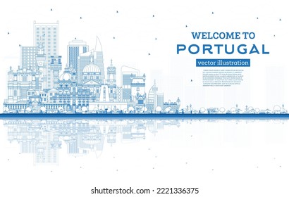 Welcome to Portugal. Outline City Skyline with Blue Buildings and Reflections. Vector Illustration. Concept with Modern and Historic Architecture. Portugal Cityscape with Landmarks. Porto and Lisbon.