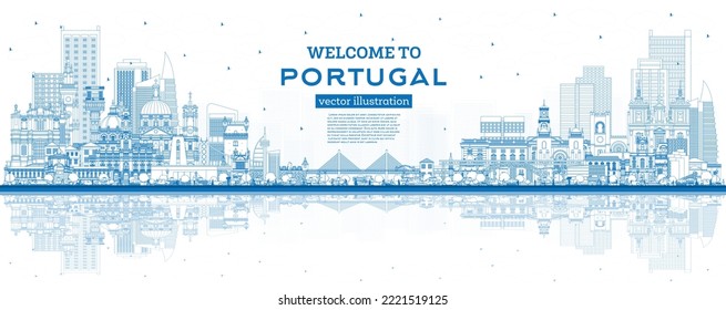 Welcome to Portugal. Outline City Skyline with Blue Buildings and Reflections. Vector Illustration. Concept with Modern and Historic Architecture. Portugal Cityscape with Landmarks. Porto and Lisbon.