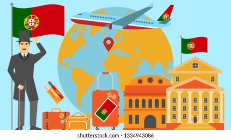 Welcome to Portugal postcard. Travel and safari concept of Europe world map vector illustration with national flag