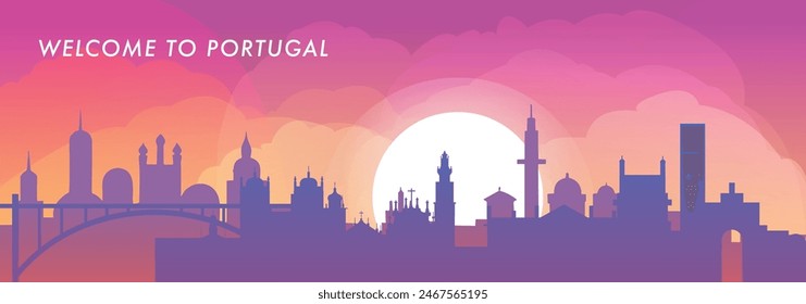 Welcome to Portugal skyline with cities panorama, gradient vector banner. Colorful Lisbon, Porto, Braga, Coimbra, Funchal, Setubal silhouette for footer, steamer, header, horizontal graphic