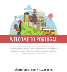 Welcome to Portugal travel poster of Portuguese tourism landmarks vector attraction symbols