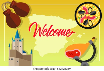 Welcome postcard with Spanish sights