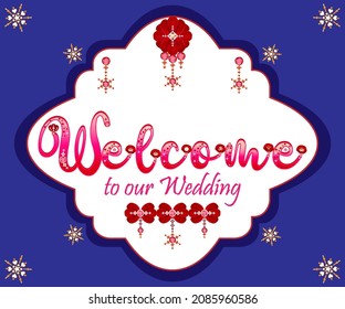 Welcome poster. Blue wedding sign board. Marriage ceremony banner. Gradient word art sticker. Floral heart pattern and gemstone vector illustration.