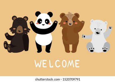 Welcome Poster Of Cartoon Cute Illustrations With White Polar, American Black, Brown And Giant Panda Bears.