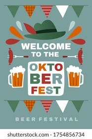 Welcome poster design for the Oktoberfest with colorful bunting, tankards of beer, sausages and hat surrounding text on green, colored vector illustration