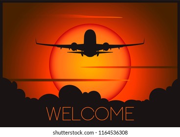 Welcome Poster, Holiday, Journey, Trip Template with a Plane and Sundown