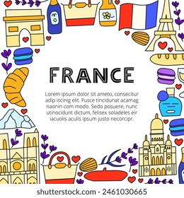 Welcome poster with lettering and doodle colored France landmarks and attractions isolated on white background. Travel concept background.