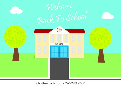 Afiche de bienvenida con el edificio de la escuela y el texto "Bienvenido a la escuela". Ilustración vectorial plana de dibujos animados