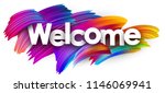 Welcome poster with spectrum brush strokes on white background. Colorful gradient brush design. Vector paper illustration.
