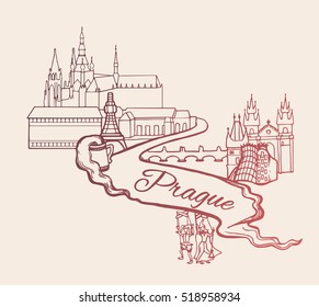 Welcome to Prague poster, banner, sticker with Czech capital landmarks. Line drawing.Vector illustration