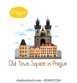 Welcome to Prague travel poster with attraction vector illustration. Travel design with Old Town Square. World travel and tourism, traveling agency banner, Czech architectural landmark. Cartoon Prague