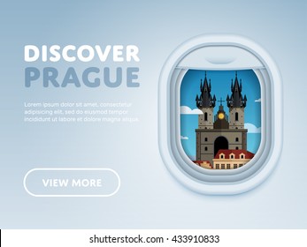 Welcome to Prague travel poster with attraction vector illustration. Travel design with Old Town Square. World travel and tourism, traveling agency banner, Czech architectural landmark. Cartoon Prague