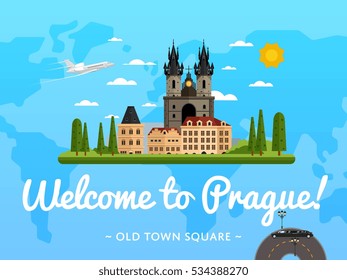 Bem-vindo ao cartaz de viagem de Praga com ilustração vetorial atração. Design de viagem com Praça da Cidade Velha. Viagens mundiais e turismo, banner agência de viagens, marco arquitetônico checo. Cartoon Praga