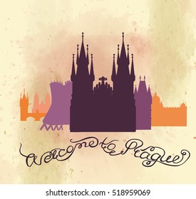 Welcome to Prague travel poster, banner, sticker with Czech capital landmarks.Vector illustration