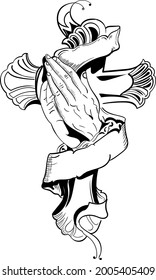 WELCOME OR PRAYER HANDS OF A MAN. TATTOO DESIGN OF HANDS WITH CHRISTIAN PLUS VECTOR LINE ART ILLUSTRATION BLACK AND WHITE CLIP ART RIBBON DRAWING.