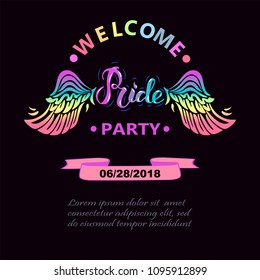 Welcome Pride Party text. Pride hand drawn lettering with rainbow wings as logo, badge, patch. Template for lgbt community, party invitation, flyer, carnival, festival, parade, greeting card, web.