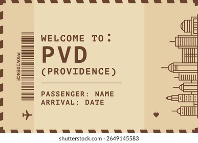 Welcome to Providence, Rhode Island USA card template. Vector vintage style postcard illustration with airport code, skyline, flight info. Boarding pass, luggage tag style s image layout