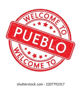 Welcome to Pueblo. Impression of a round stamp with a scuff. Flat style