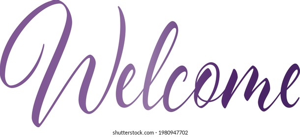Welcome purple vector with white background in running writing text for celebration, party. 