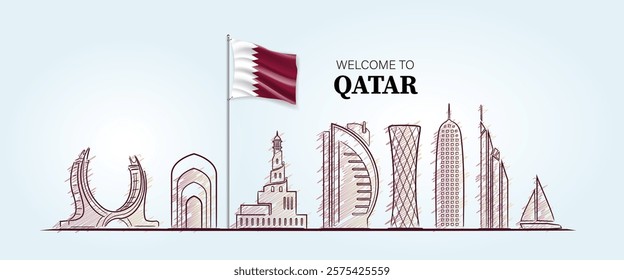welcome to Qatar flag with famous buildings Qatar landmarks building landmark
