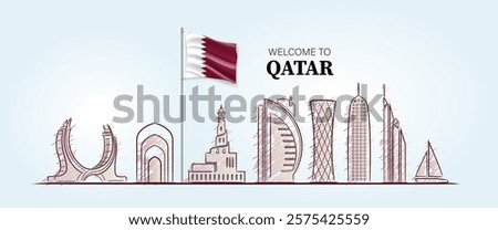 welcome to Qatar flag with famous buildings Qatar landmarks building landmark