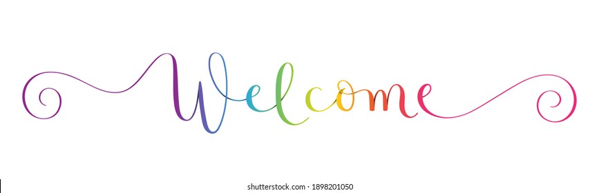 WELCOME rainbow-colored vector brush calligraphy with spiral swashes