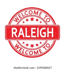 Bienvenido a RALEIGH. Impresión de un sello redondo con una escoria. Estilo plano