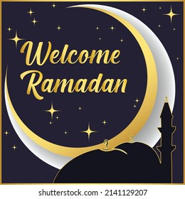 Welcome Ramadan card series, with moon-sun eclipse and mosque silhouette on shining stars at night sky. 