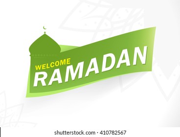 Welcome Ramadan greetings background. View of Green mosque background. Vector illustration