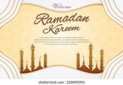 welcome ramadan kareem 2023 with islamic frame template banner and abstract gradient yellow and white background design