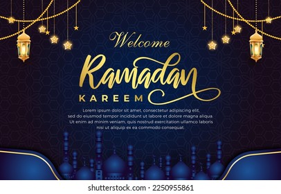 welcome ramadan kareem 2023 with luxury ornament template banner and abstract gradient dark blue background design