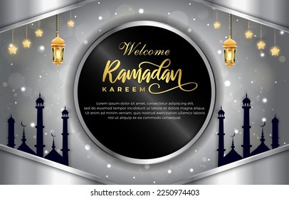welcome ramadan kareem 2023 with luxury ornament template banner and abstract gradient silver background design