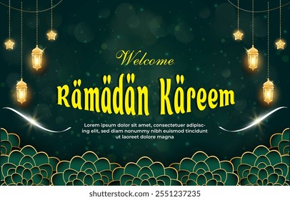 welcome ramadan kareem 2025 template banner with beautiful islamic ornament with green background design 014
