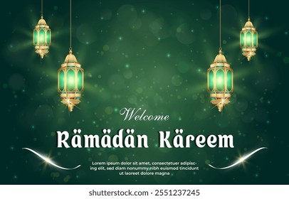 welcome ramadan kareem 2025 template banner with beautiful islamic ornament with green background design 012
