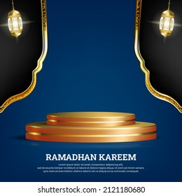 Welcome to ramadan kareem arabic islamic banner template with golden podium, lantern and mosque door	