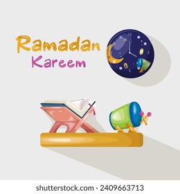 Welcome ramadan kareem with holy quran and clock