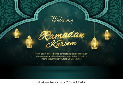 welcome ramadan kareem illustration banner with shiny luxury light islamic ornament and abstract gradient green and blue background design