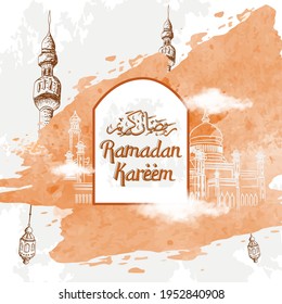 Welcome Ramadan Kareem lantern and masque design with arabic pattern and calligraph, water color. Calligraphy translation of ramadan kareem