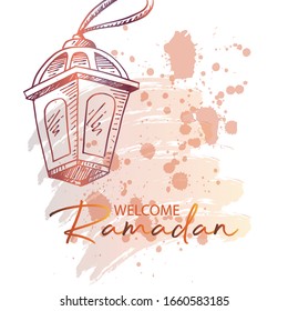 Welcome Ramadan lettering with lamp.