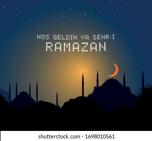 Bienvenida Ramadán Mes (Hosgeldin Ya Sehri Ramazan turco), estudio vectorial sobre la silueta de Estambul de Santa Sofía y la Mezquita Azul