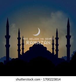 Welcome Ramadan Month (Turkish Hosgeldin Ya Sehri Ramazan, Hos Geldin On Bir Ayin Sultani), vector study on the Blue Mosque Silhouette 