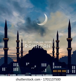 Welcome Ramadan Month (Turkish Hosgeldin Ya Sehri Ramazan), vector study on the istanbul silhouette of Blue Mosque
