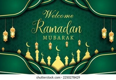 welcome ramadan mubarak 2023 with abstract gradient dark green background design