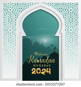 welcome ramadan mubarak 2024 banner with green and white background design 1