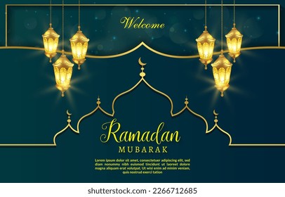 welcome ramadan mubarak abstract gradient blue and green background with beautiful shiny luxury islamic ornament