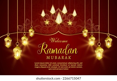 welcome ramadan mubarak abstract gradient red and golden background with beautiful shiny luxury islamic ornament